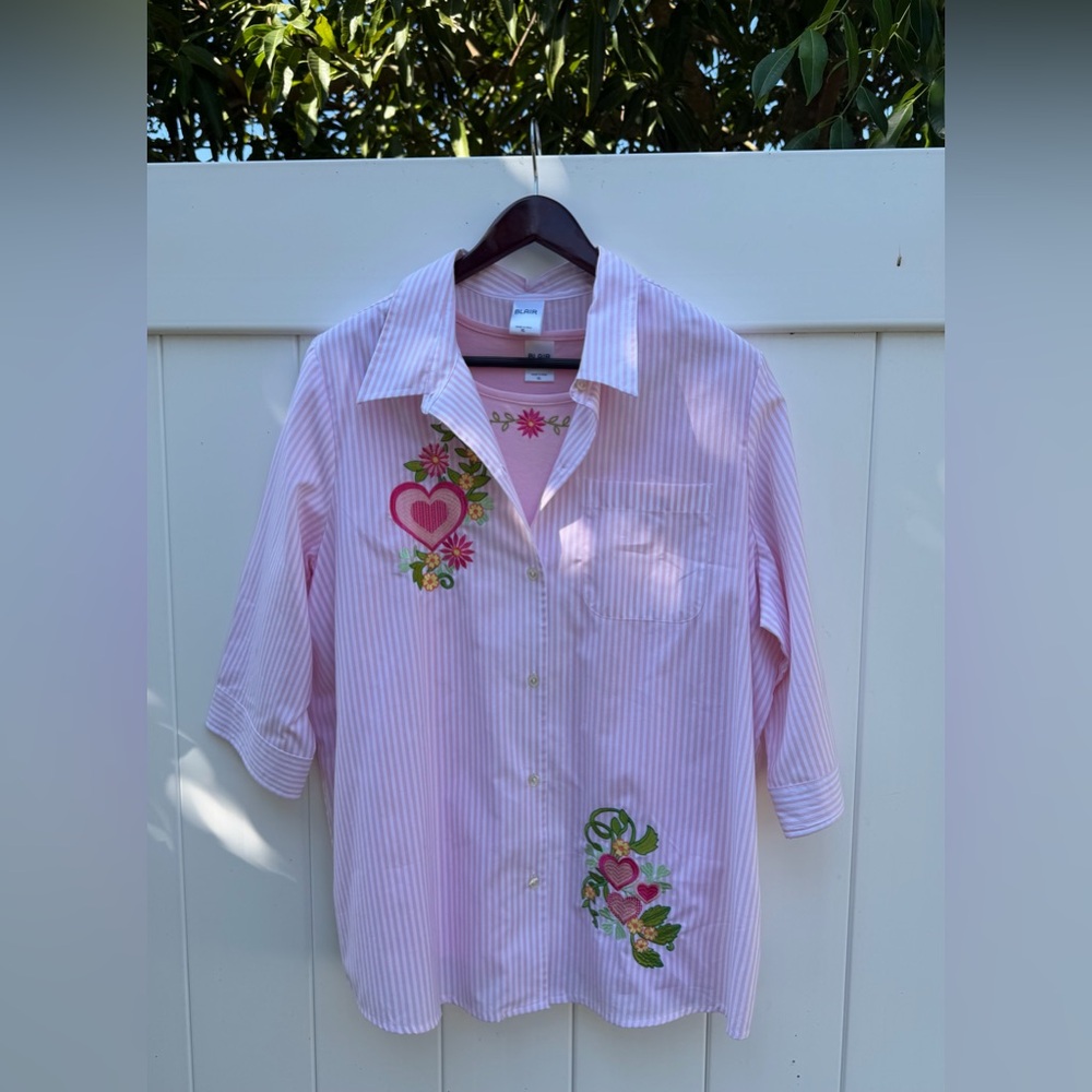 Blair XL Two-Piece Set – Striped Button Shirt w/ Floral & Heart Embroidery
